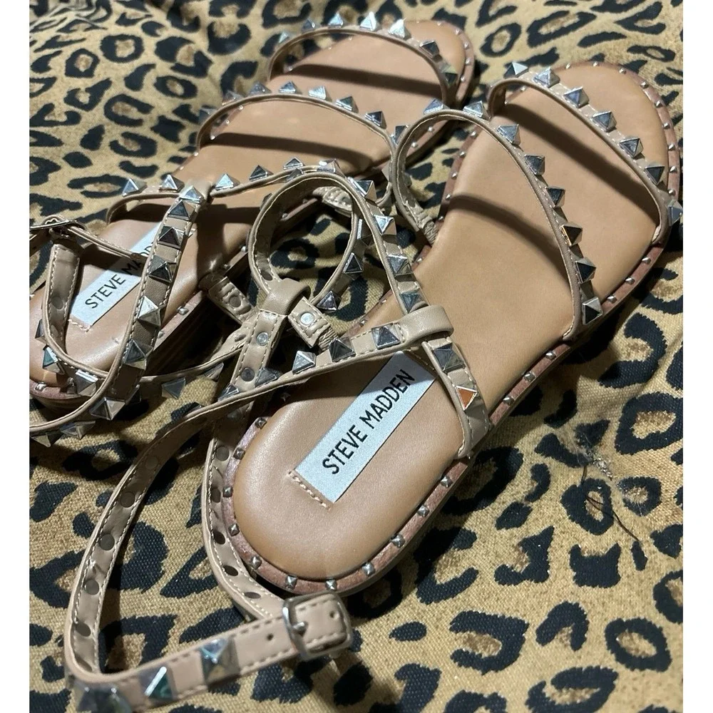 Steve Madden Women's Beige Travel‎ Studded Ankle Wrap Sandals, Size 8